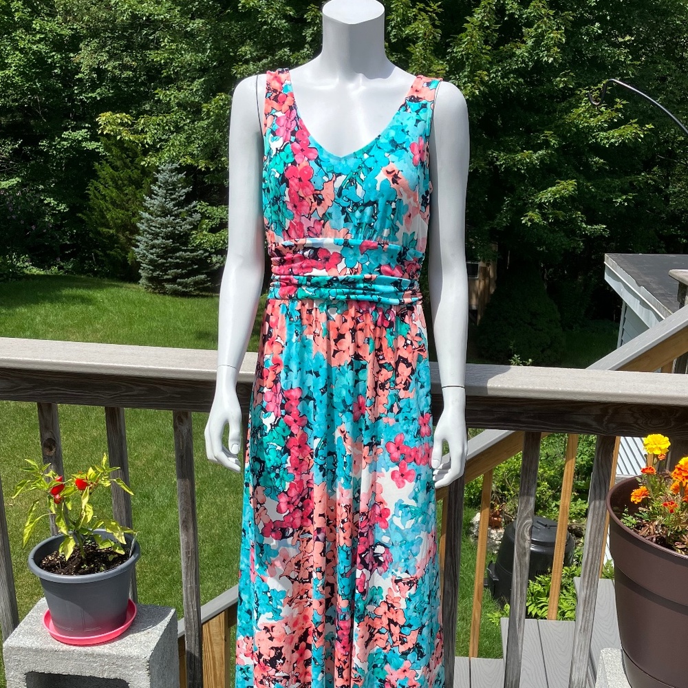 London Times, Pink and Blue floral dress, floor length